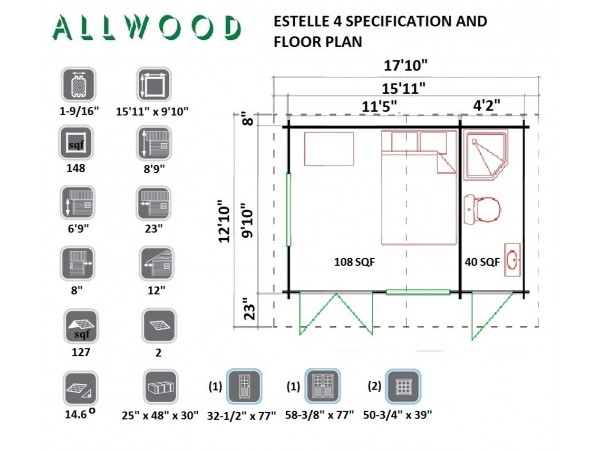 Allwood Estelle 4 | 108 + 40 SQF  kit cabin - SHIPPING COSTS APPLY- Financing Now Available