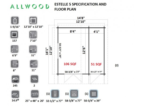Allwood Estelle 5 | 106 + 51 SQF Kit Cabin - SHIPPING COSTS APPLY- Financing Now Available