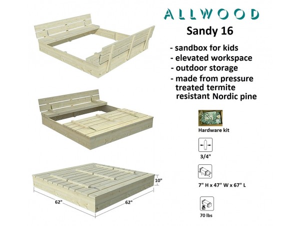 Allwood Sandy 16 Sandbox w/ Sand Screen, 2 Foldable Bench Seats